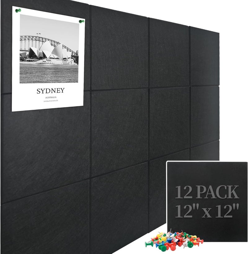 UBZMOK Large Cork Board Felt Wall Tiles, 47"x35" 12 Pack Felt Bulletin Board Pin Board with 48 Safe Removable Adhesive Tabs, 60 Push Pins, Alternative Cork Board for Walls Home Office - Image 1